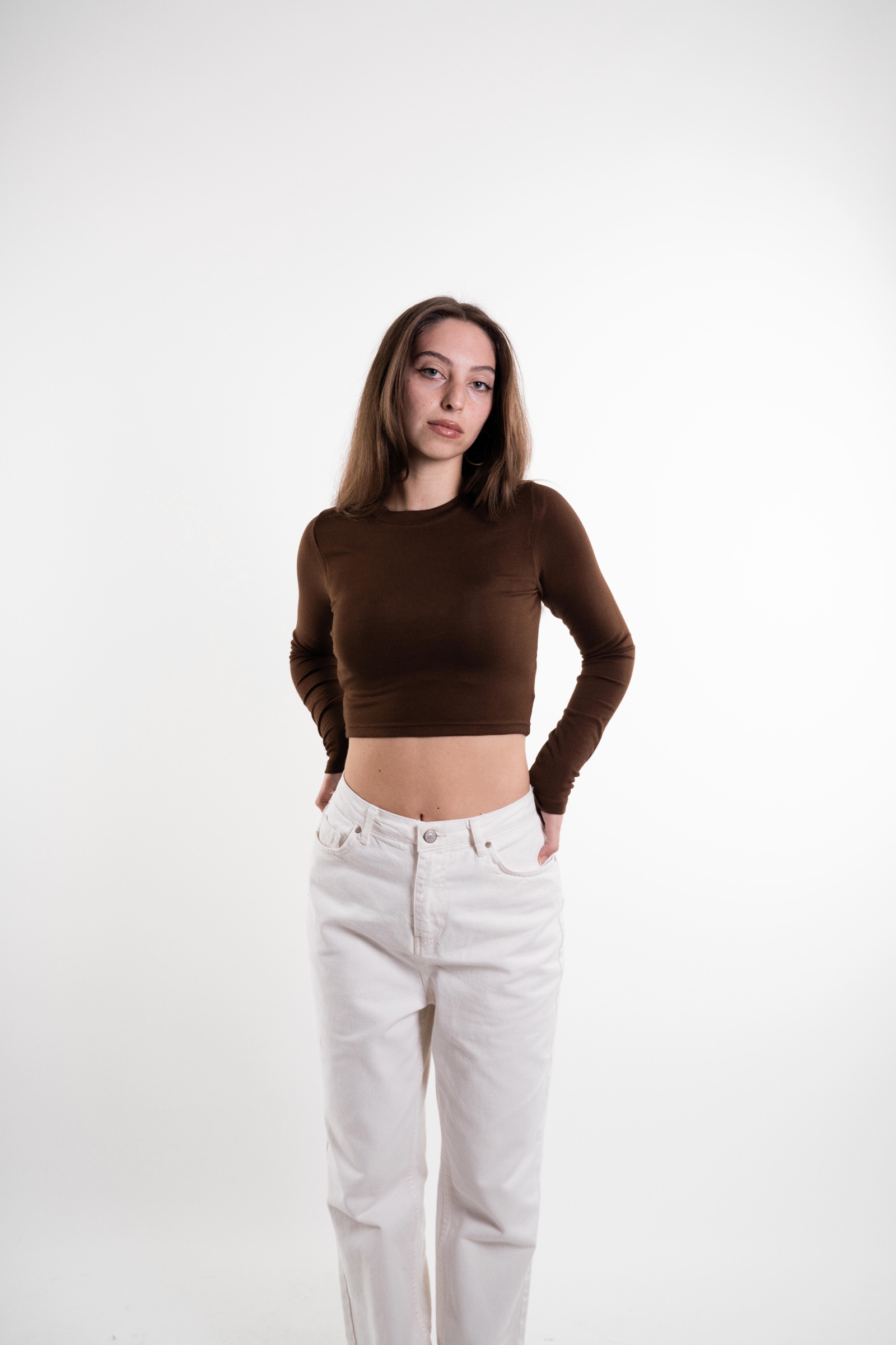 Uzun Kollu Crop Body Kahverengi