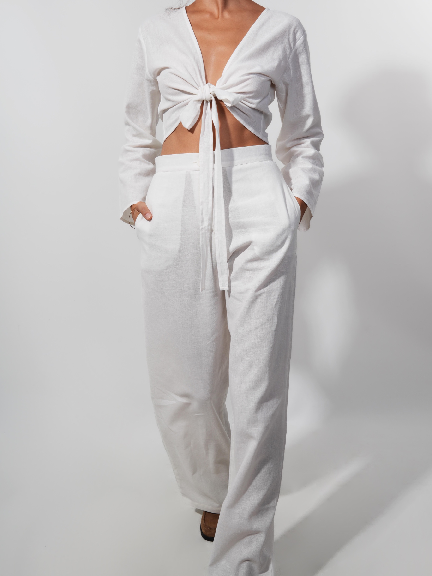 Wide Leg Keten Pantolon Ekru